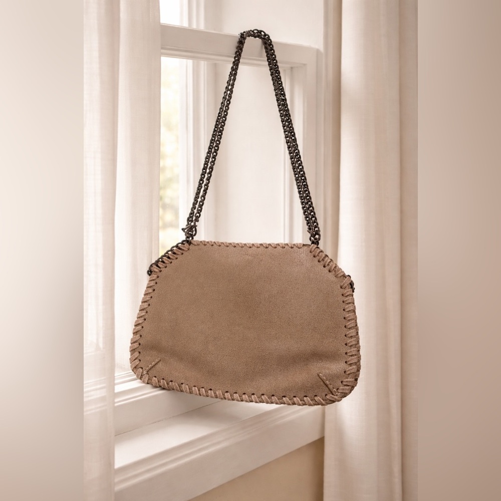 Taupe Whipstitch Suede Shoulder Bag with Chain Strap